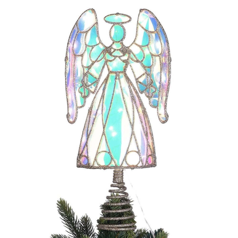 Light Up LED Prismatic Iridescent Angel Christmas Tree Topper Clear 13" Holiday
